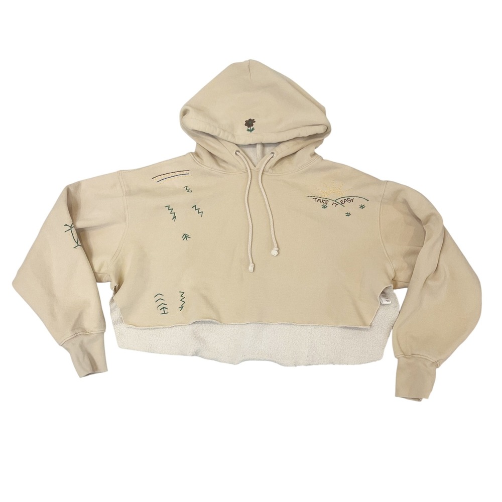 UO Kimchi Blue Take It Easy Embroidered Cropped Hoodie Beige Tan Size SMALL